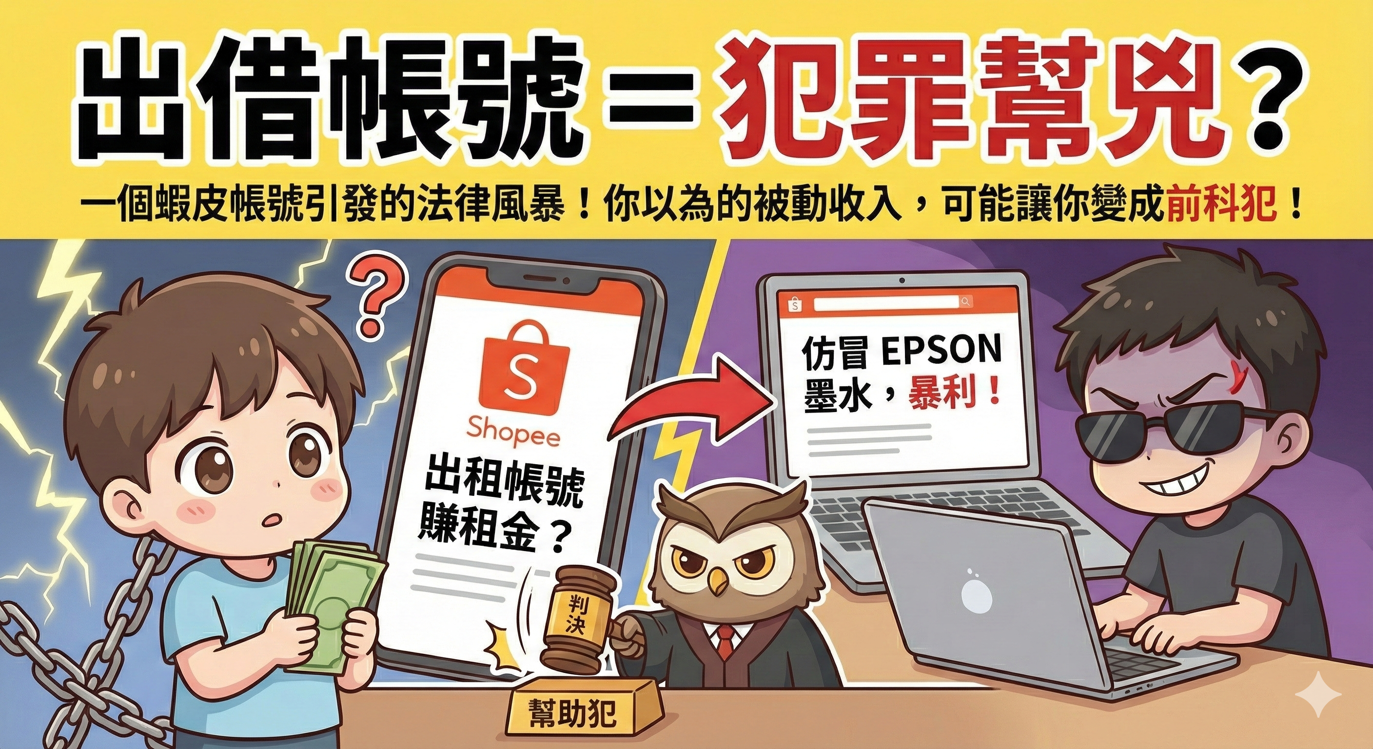 「貨又不是我賣的！」借蝦皮帳號給朋友沒關係？法官打臉：這叫幫助犯，照樣判！