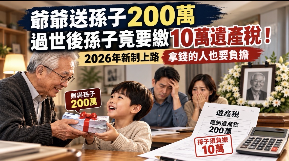🔻《2026年新制》爺爺送孫子200萬，過世後孫子竟要繳10萬遺產稅！🔺